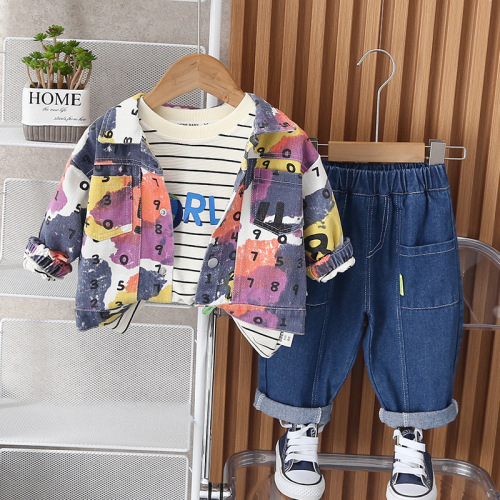  Children's Autumn Set Arabic Numerals Three-Piece Set for Boys, Round Neck Shirt and Pants - Factory Wholesale