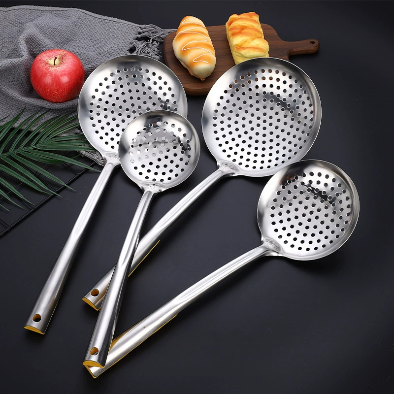 Non-magnetic stainless steel large drain kitchen cooking thickened long handle mesh colander oil drum large oil drain noodle spoon hot pot spoon