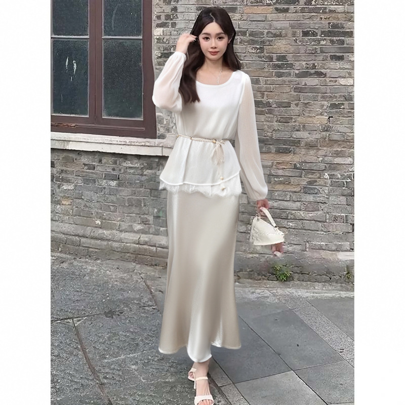 【两件套】【有里布】【送腰带】法式蕾丝拼接显瘦罩衫裙子套装|undefined