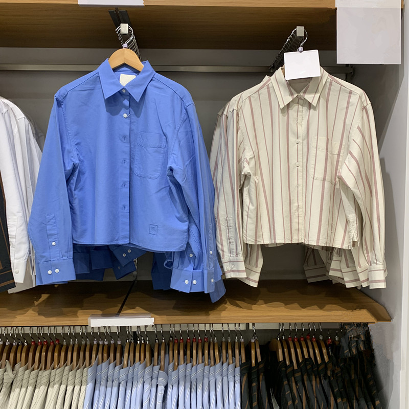 URAZ女秋冬牛津纺箱型条纹衬衫长袖衬衣休闲薄外套C475718/479975