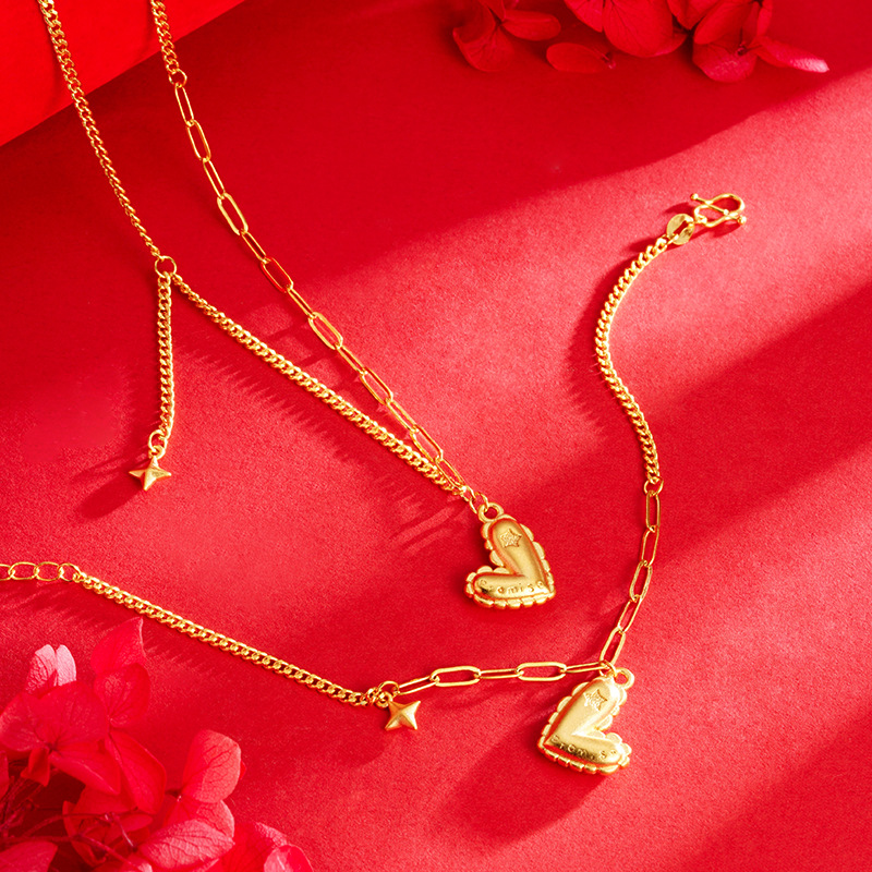 INS simple luz y sombra corazón collar pulsera hembra dulce nicho luz lujo chapado en oro no es fácil de desvanecerse estilo de amor tridimensional