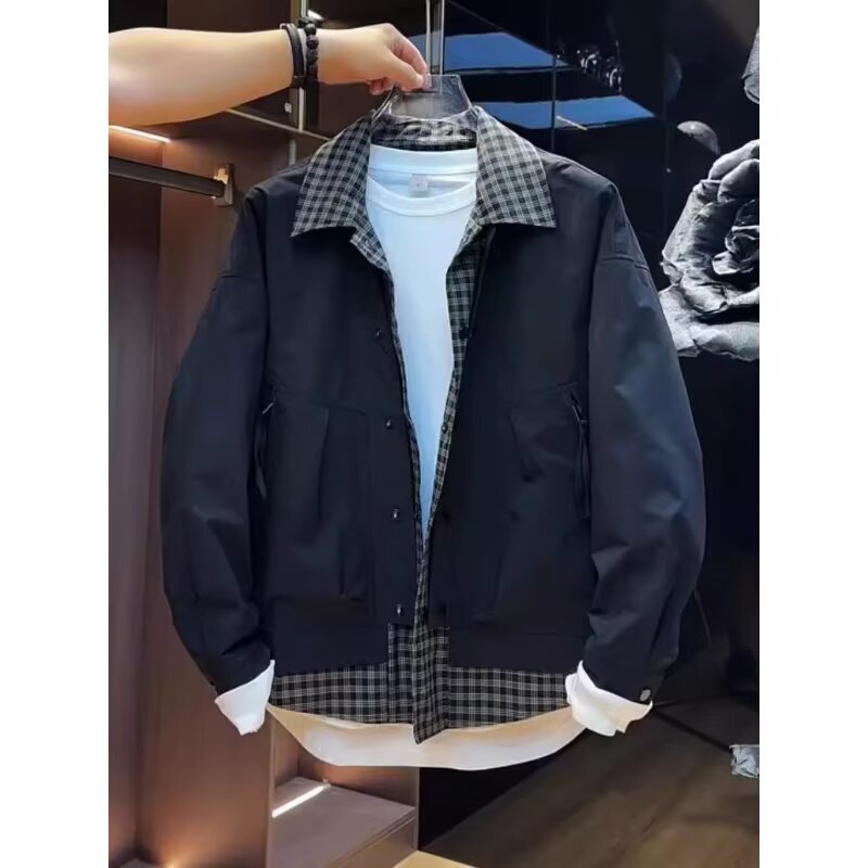 Fake Two-Piece Plaid Jacket Men's Spring and Autumn Korean Style Trendy Workwear Top Handsome Casual Top