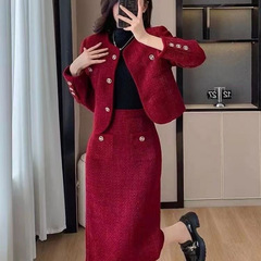 红色小香风套装女秋冬今年流行气质名媛高级感短外套半身裙两件套