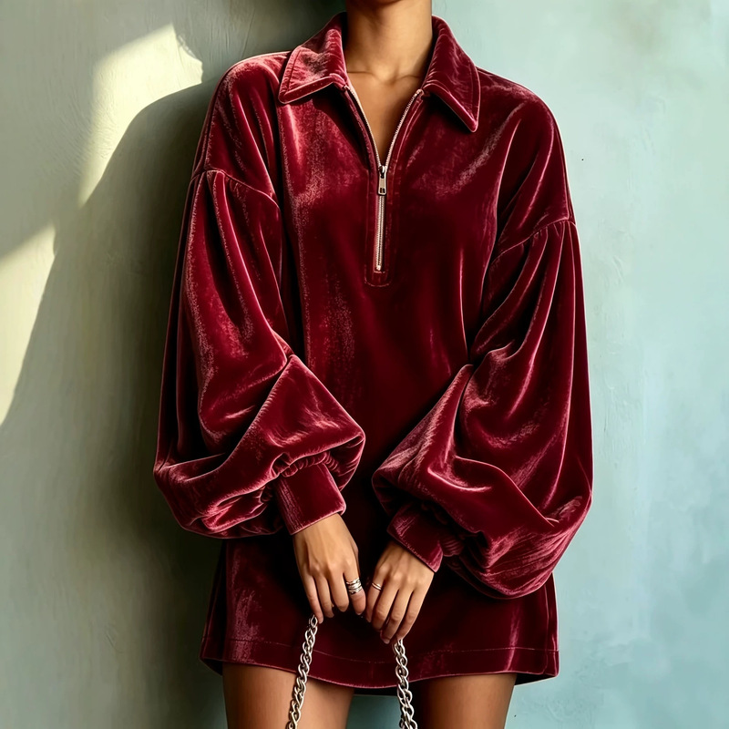 New American-style women's sweatshirt with a turn-down collar, half-zip, loose lantern sleeves, mid-length top, casual long style for women New American-style women's sweatshirt with a turn-down collar, half-zip, loose lantern sleeves, mid-length top, casual long style for women