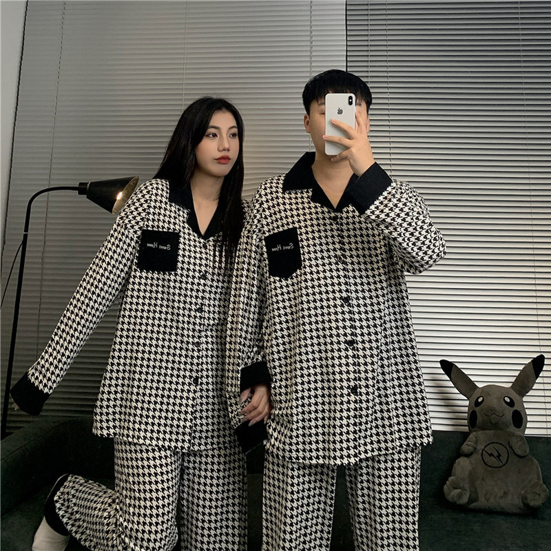 Corea del Sur houndstooth pijamas de alta calidad hombres y mujeres de primavera y otoño pantalones de manga larga pareja de dos piezas conjunto otoño e invierno internet celebridad ropa para el hogar