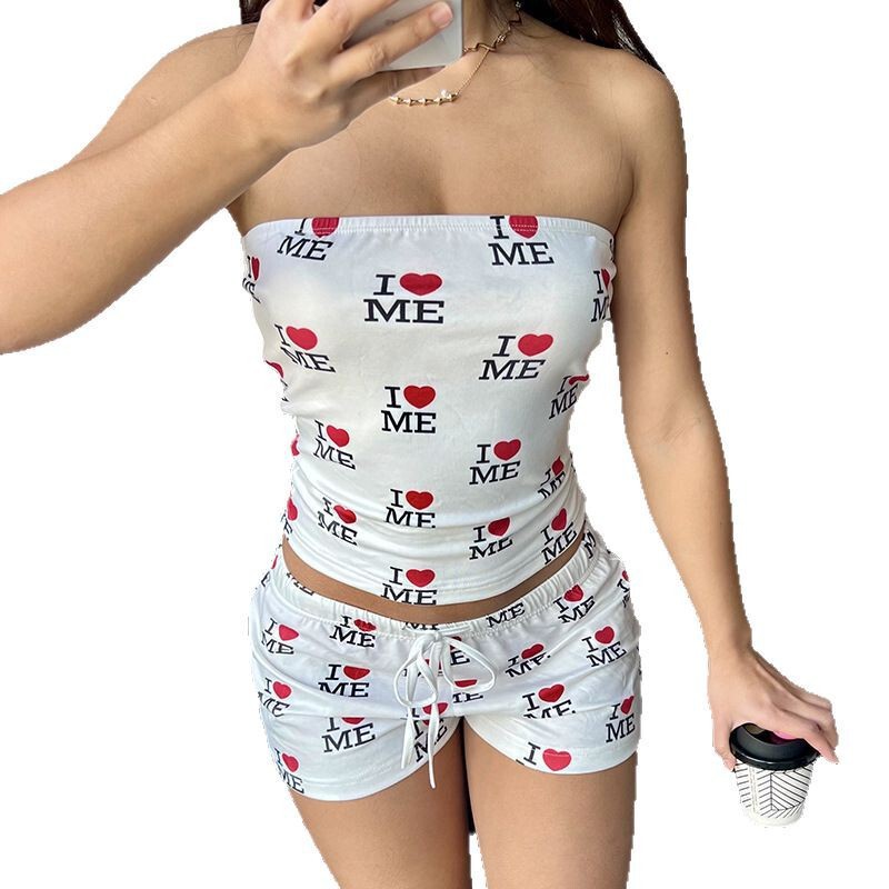 夏季欧美风休闲套装印花字母抹胸上衣宽松裤子两件套睡衣家居服女|undefined