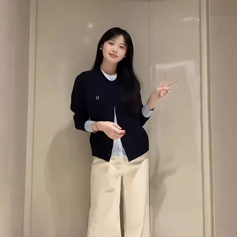 chic韩系穿搭藏蓝色拼接假两件上衣针织衫休闲小个子毛衣开衫女春|undefined