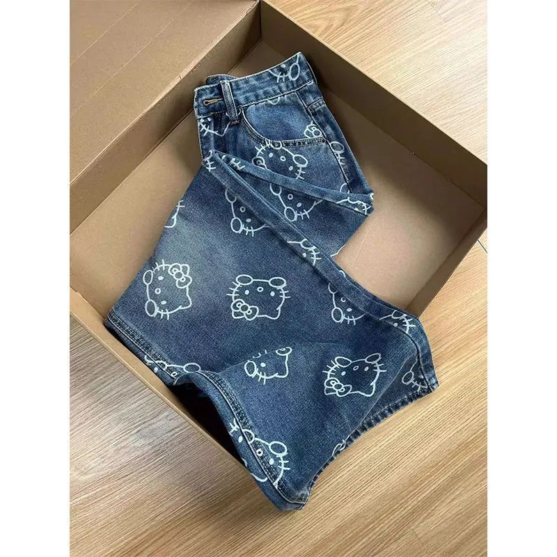 Full Printed Jacquard Kitty Cat Straight Jeans Women's Cute Design Sense Loose Slimming Wide Leg Pants Trendy Ins