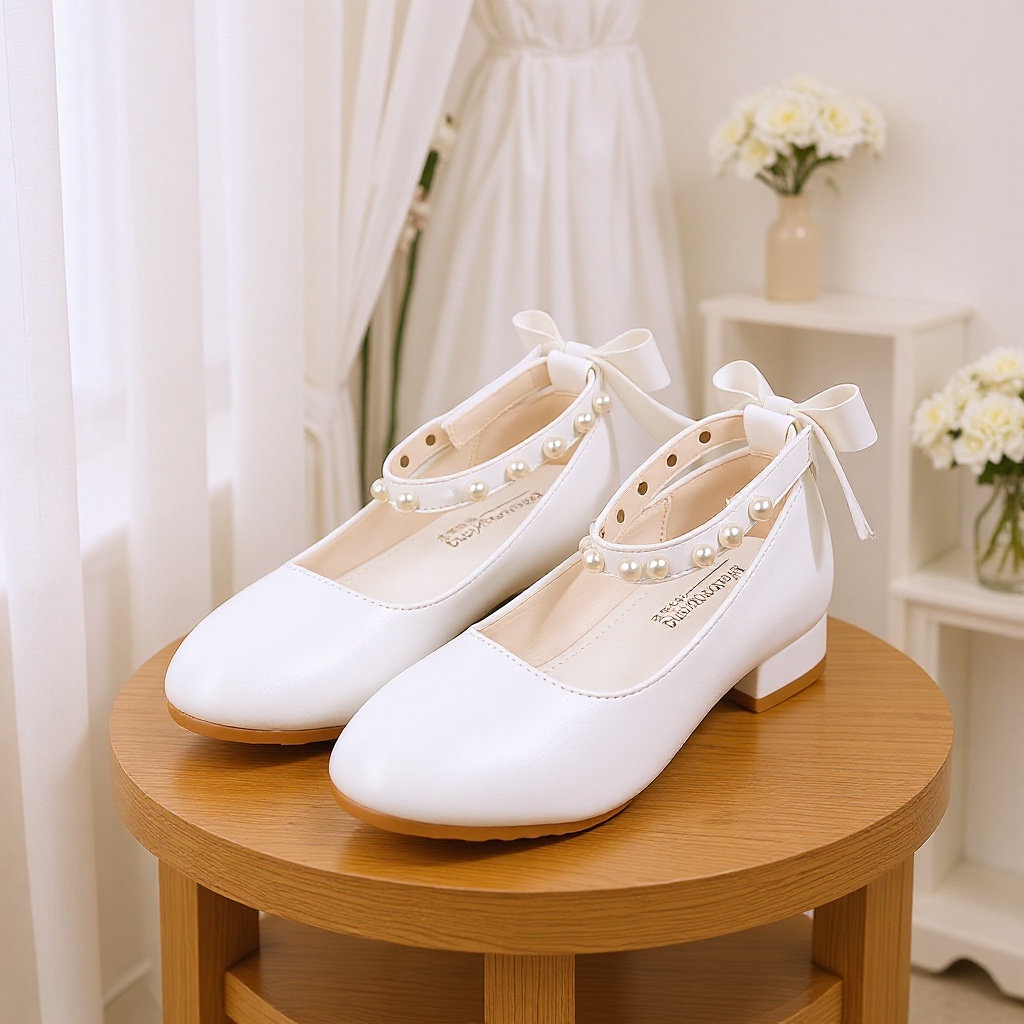 公主鞋女童高跟女鞋子白色皮鞋小学生礼服合唱演出鞋软底春秋珍珠