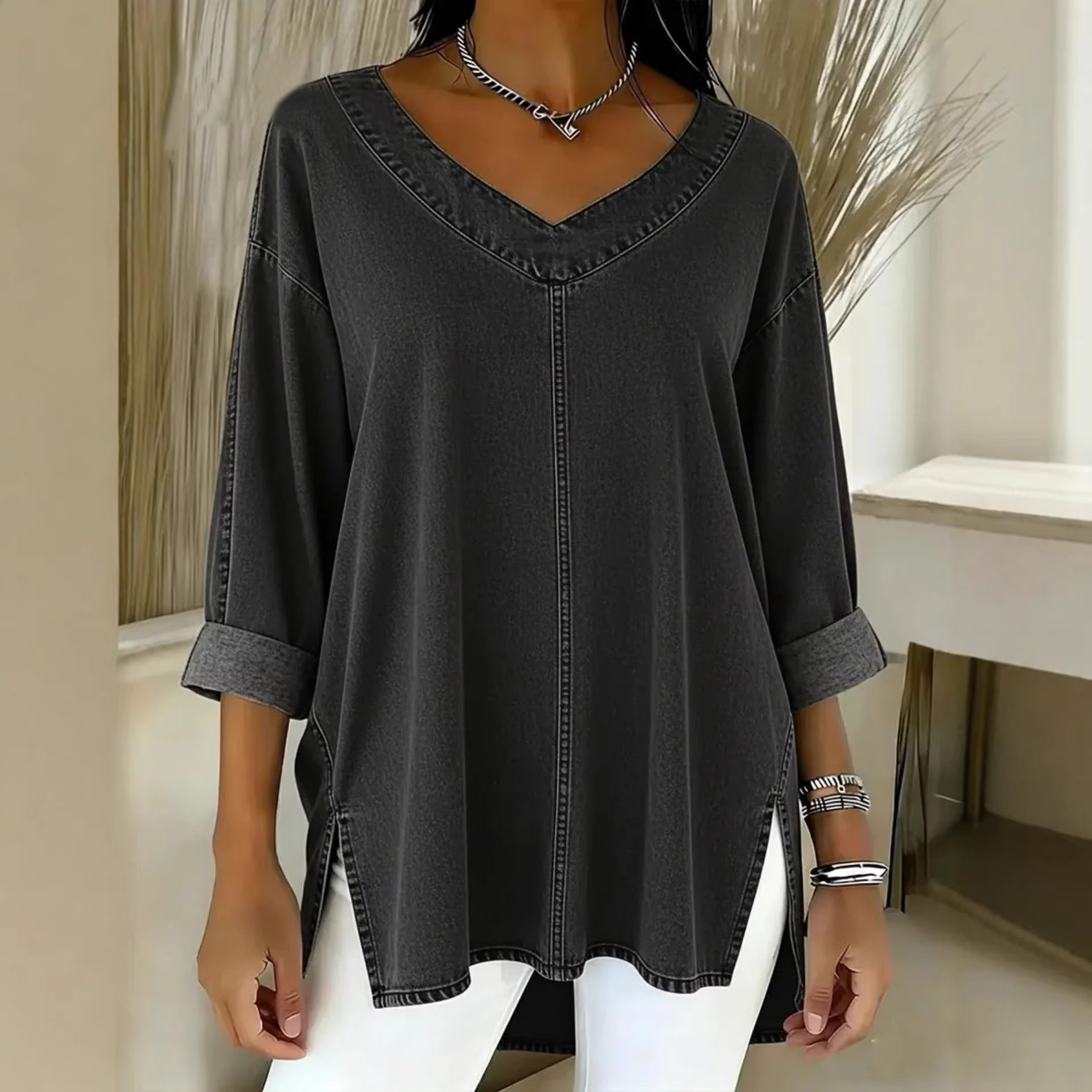 Women's Denim V Neck Top Street Fashion Spring New Arrival_ecoleips.com