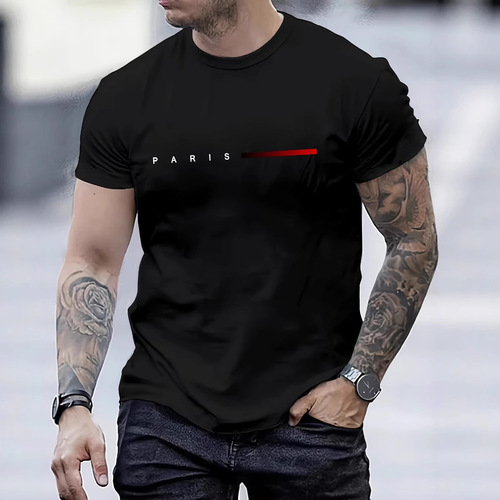 Men's 100% cotton loose Paris creative letter print casual slim round collar short-sleeve T-shirt top anime