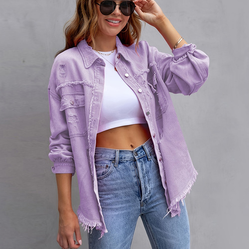 Cross-border new style European and American denim jacket women's solid color loose jacket ripped long-sleeved women's denim shirt