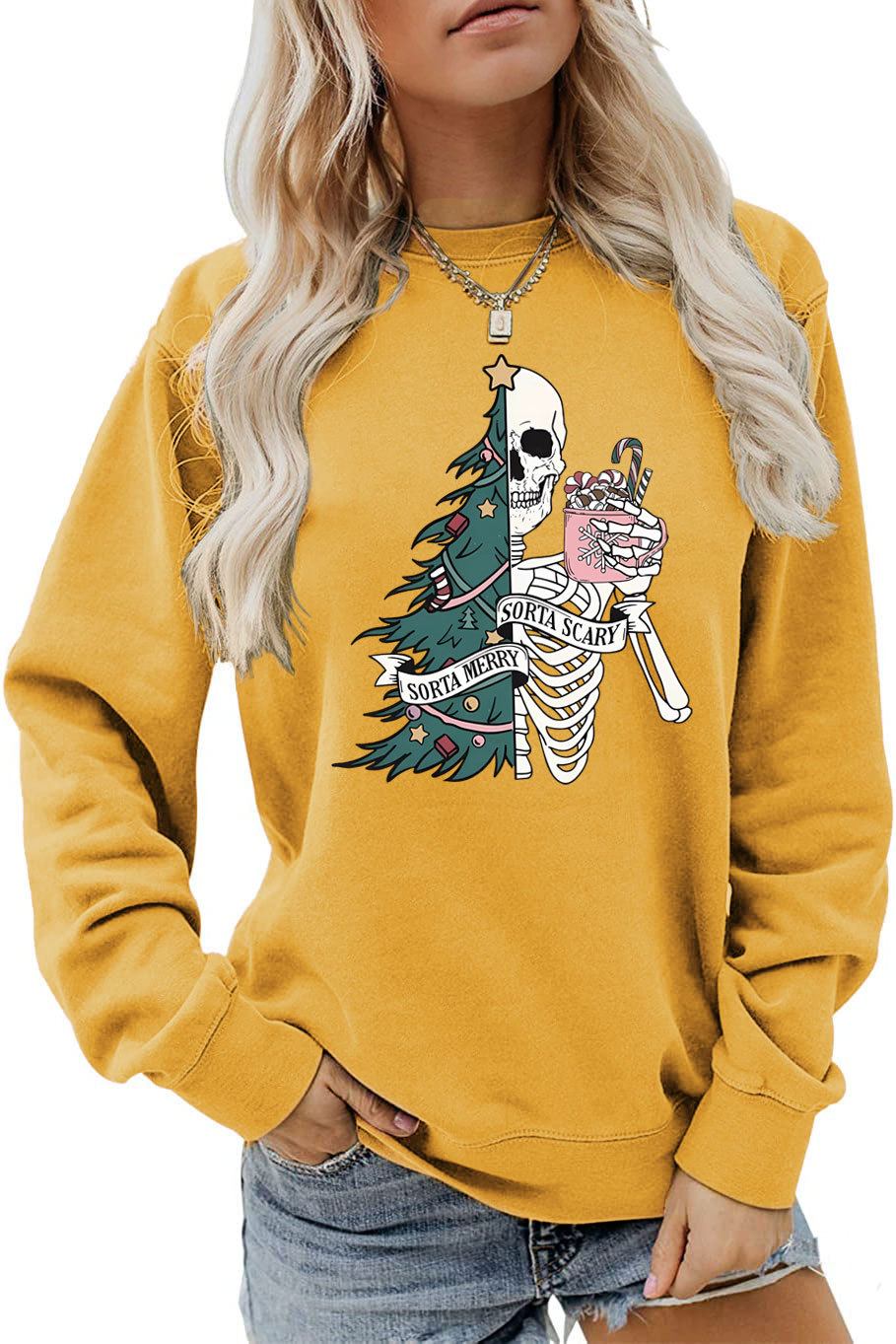 Women's Hoodies Long Sleeve Printing Christmas Christmas Tree Skeleton display picture 10