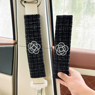 Chanel-Style Camellia Car Seatbelt Shoulder Seat belt shoulder pad - camellia-black-four-seasons-small-fragrance-shoulder-pads-1-pair