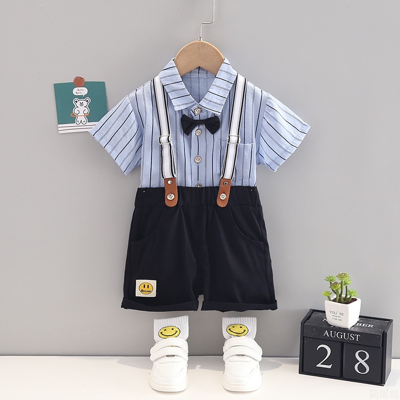 2022 Summer Boy Suspenders Shorts Suit Children's Clothing Children's Fashion Striped Bow Tie Short-sleeved Shirt Two-piece Tide