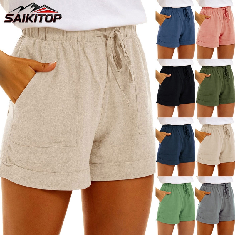 European and American Style Women's Solid Color Cotton-Linen Casual Shorts with Pockets, Drawstring, High Waist, Breathable, Lightweight, Sporty Women's Five-Point Shorts European and American Style Women's Solid Color Cotton-Linen Casual Shorts with Pockets, Drawstring, High Waist, Breathable, Lightweight, Sporty Women's Five-Point Shorts