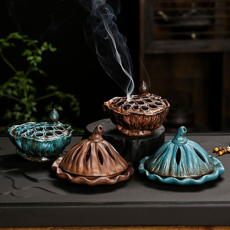 莲蓬香炉陶瓷盘香炉荷花摆件创意中式家居装饰品家用室内香薰容器