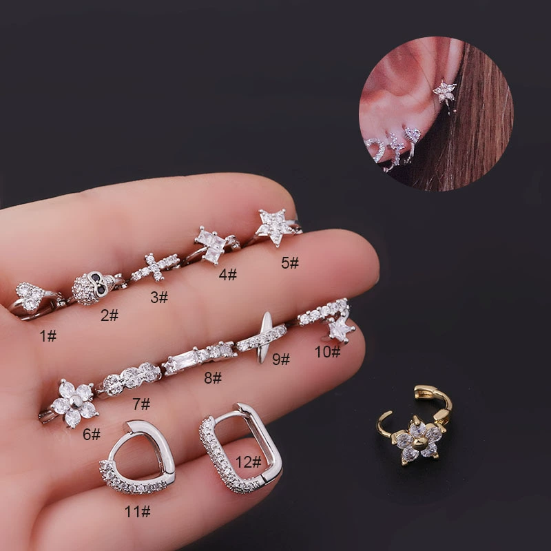 Copper Zircon Flower Earrings, 8 mm, European Style Piercing, Single Stud