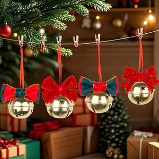 Cross-Border New Christmas Decorations Red Velvet Bow Bell Small Pendant Satin Gold Bell Christmas Tree Hanging Decorations