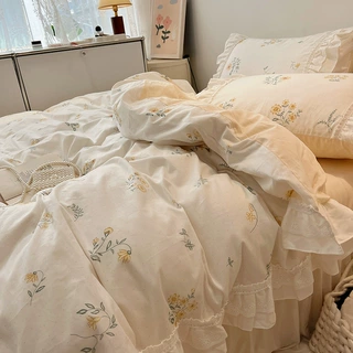 仙女荷叶边全棉四件套碎花唯美纯棉被套清新公主风花边床上用品