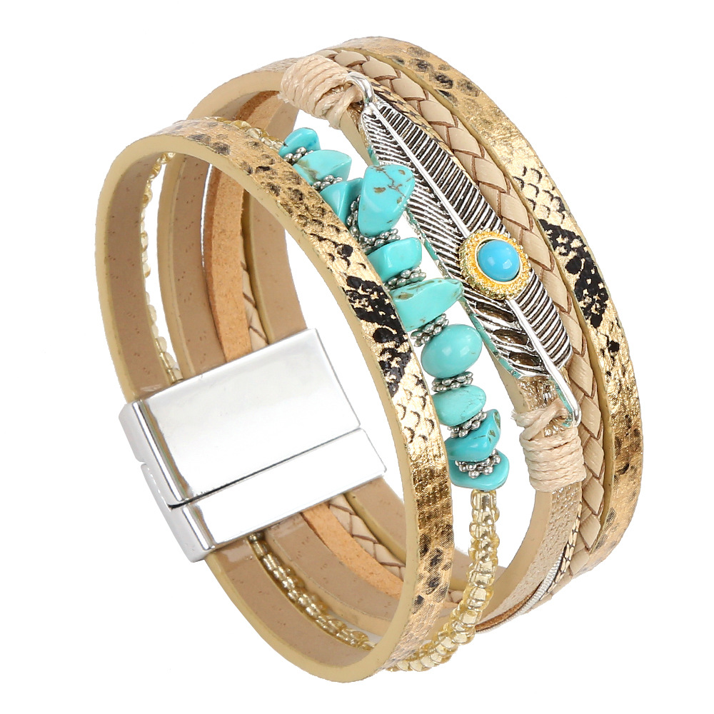 Leather Beaded Bracelet With Boho Feather And Turquoise Charm_voghion.com