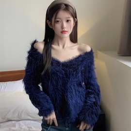 款号16567原单秋冬大V领毛毛毛衣时尚简约百搭2025新款女装上衣