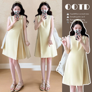 Real Shot in Stock~Summer Sweet Bow Age-Reducing Splicing Pleated Sleeve Dress with Lining