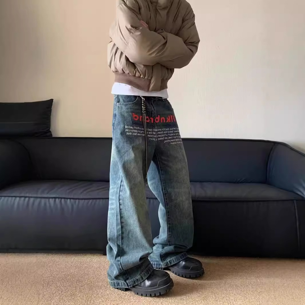 美式vibe复古潮牌字母印花牛仔裤女高街嘻哈设计感宽松直筒阔腿裤