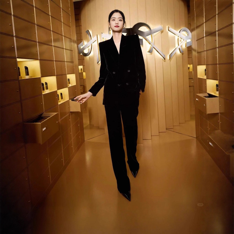 Celebrity-Inspired Black Velvet Chanel-Style Blazer for Women, New Spring and Autumn High-End French Elegant