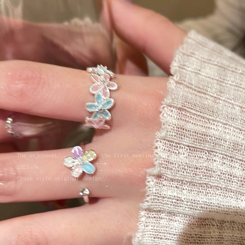 温柔仙女～彩色开口花朵戒指女小众设计感百搭食指戒独特绝美指环|undefined