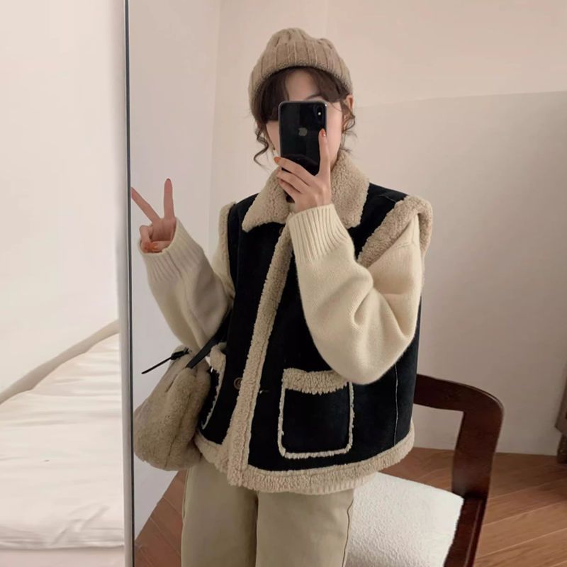 高级感韩系羊羔毛马甲女秋冬款休闲百搭皮毛一体加厚无袖背心外套|undefined