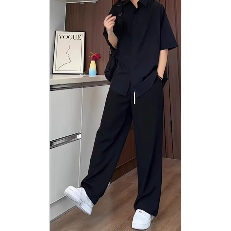 Set of Solid Color Black Ice Silk Cool Shirt Casual Trousers Two-Piece Set Men's Trendy Large Size Short-Sleeved White Shirt Pants