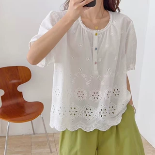 文艺小清新 2026夏季新品甜美圆领镂空钩花百搭减龄短袖衬衫女装