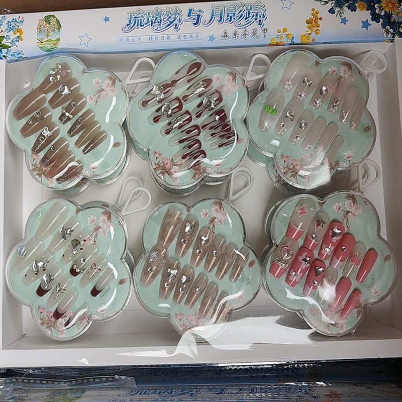 New Flower-Themed Press-On Nails with Rhinestones and Cat-Eye Effect, Removable Jelly Glue Fake Nails Wholesale