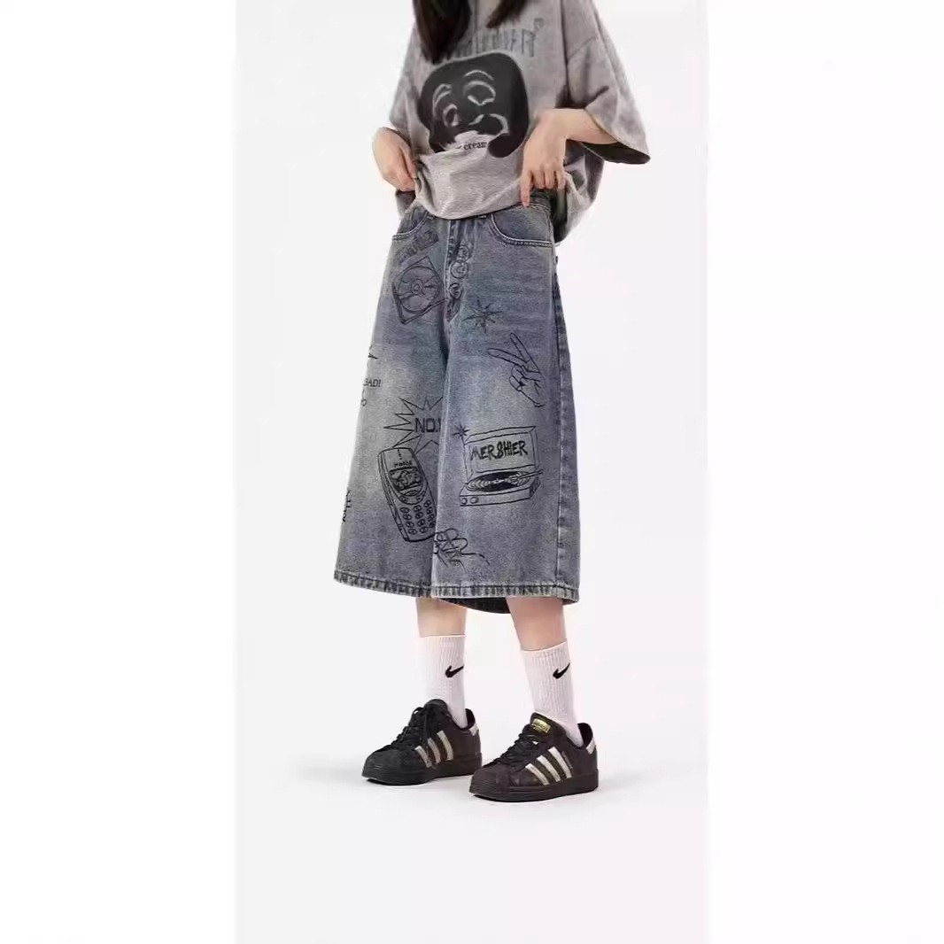 American Graffiti Cropped Denim Shorts Men's 2025 New Retro Loose Couple's Straight Wide Leg Trendy Medium Pants