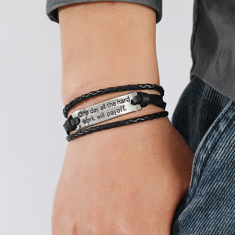 Men'S Gender Braid Design Fashion Letter Pu Leather Alloy Braid Men'S Bracelets Men Cord & Leather Bracelets