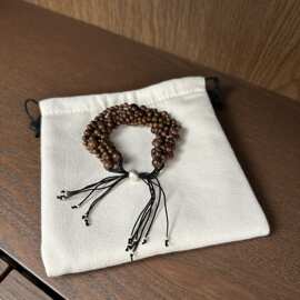 925银银珠珠6股绳檀木串珠手链 抽拉调节