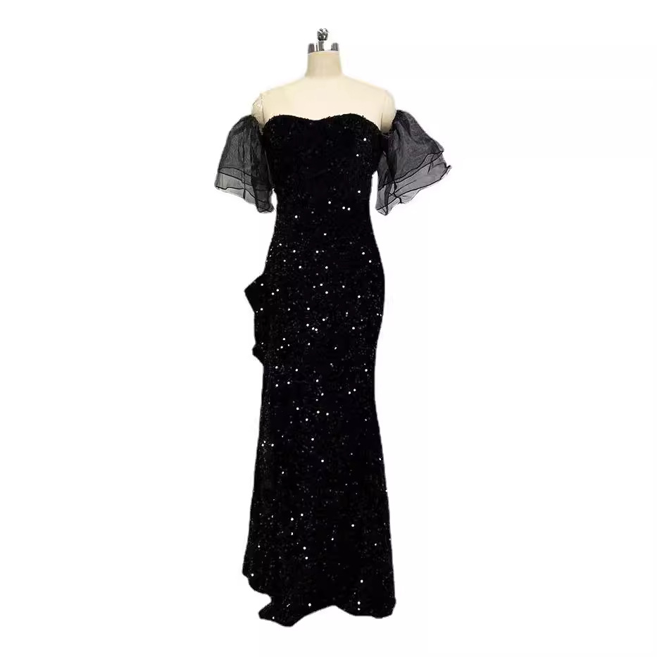 2026 nuevo comercio exterior transfronterizo nueva ropa de mujer estación independiente ebay sexy vestido de banquete de manga corta de seda brillante
