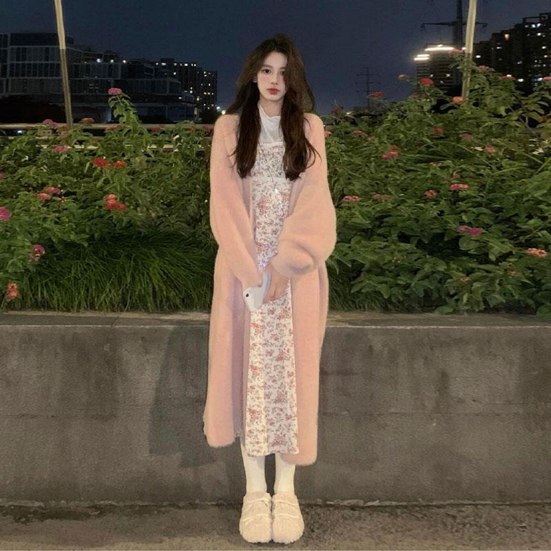 Soft Waxy Peach Powder Imitation Mink Fleece Sweater Cardigan Women's Autumn and Winter Loose Slimming Mid-length Gentle Style Jacket Soft Waxy Peach Powder Imitation Mink Fleece Sweater Cardigan Women's Autumn and Winter Loose Slimming Mid-length Gentle Style Jacket