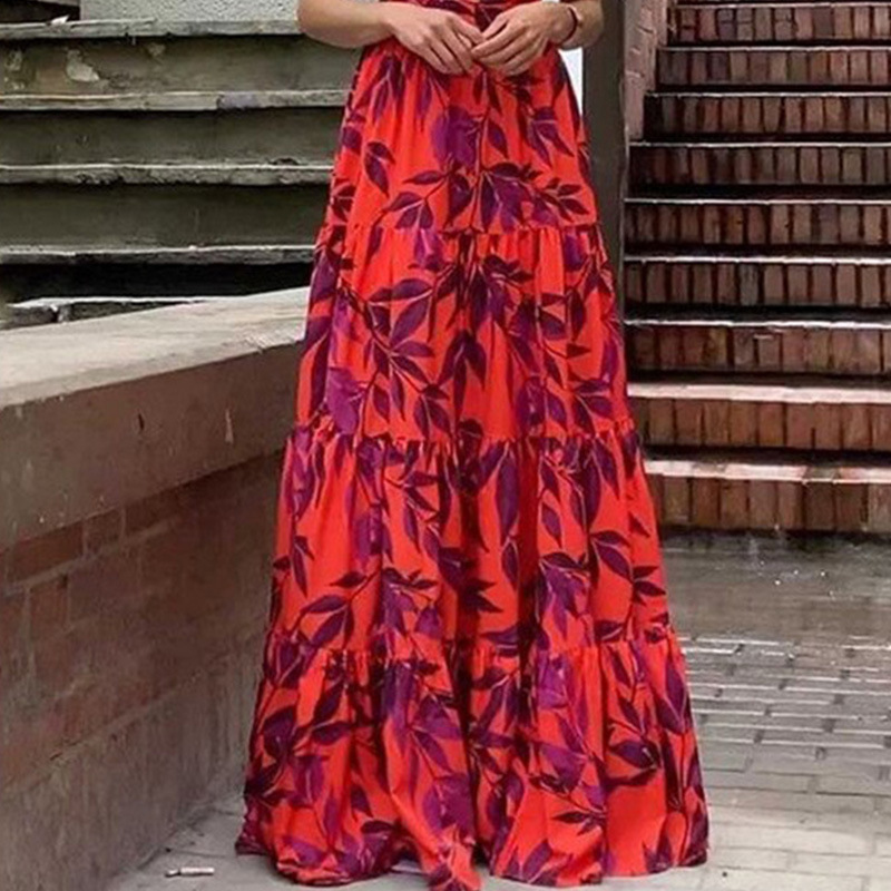Red Carpet Evening Dress 2025 Spring New European and American Fashion Printed Flutter Sleeve High-Waisted European and American Dress for Women