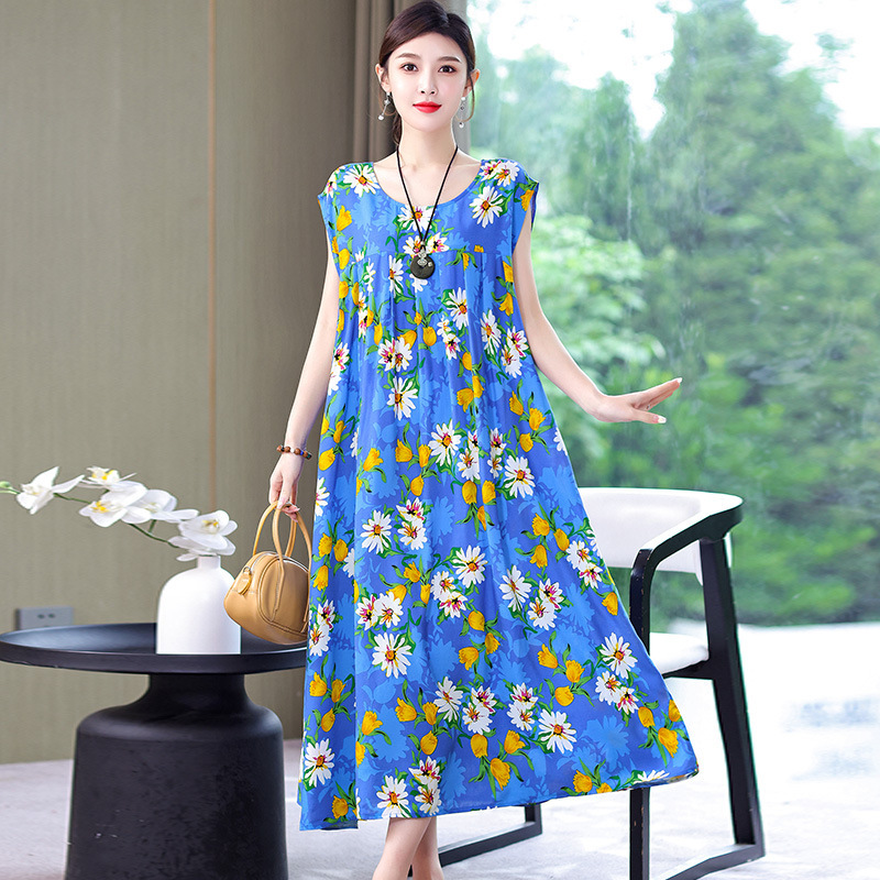 お母さんの綿のシルクのワンピースの半袖の中で老年の夏服の大きいサイズの婦人服は太ってゆったりしている人工綿のスカートの女性をプラスします。|undefined