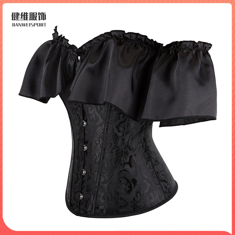 Foreign Trade New Elegant Black Palace Corset Off-Shoulder Satin Sleeves Retro Accessible Luxury Tight Waist Fishbone Bra