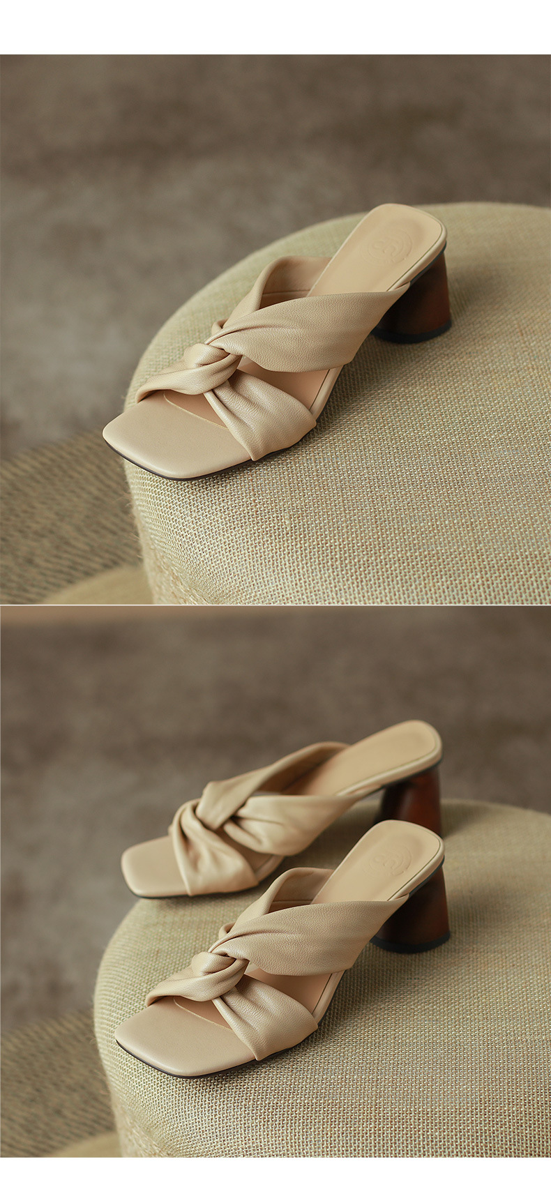 Sandal cao gót nữ hở mũi da cừu đế thô gót 7 cm — Màu đậu chi tiết 9