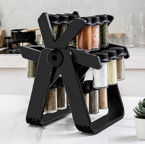 Set of revolving skyscraper glass condiment rack, condiment bottles, spice jars, seasoning bottles