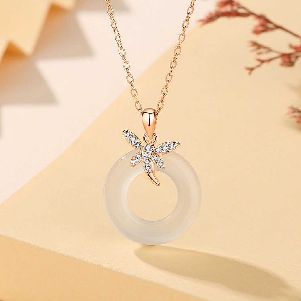 S925 plata blanco Jade hebilla de seguridad collar de las mujeres de moda nacional nuevo chino Rosa collar con diamante flor joyería al por mayor