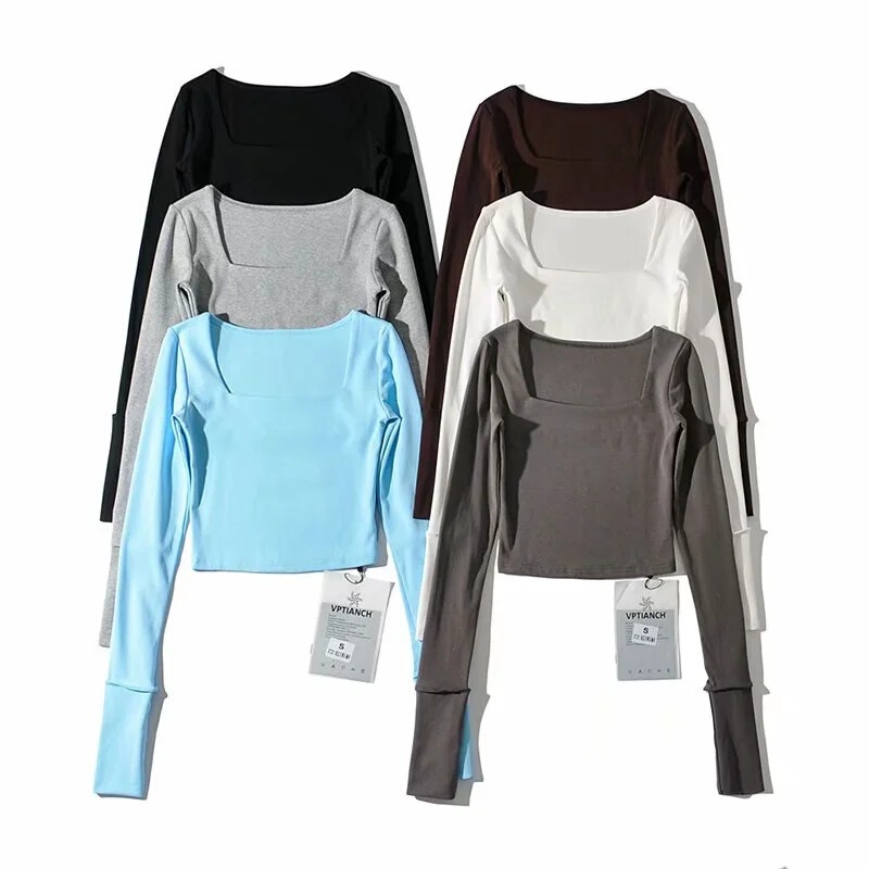 European and American Style Extbottomed Sleeves Elastic Bottoming Shirt 2023 Autum New Slim Fit Generous Square Collar Long-Sleeved T-Shirt