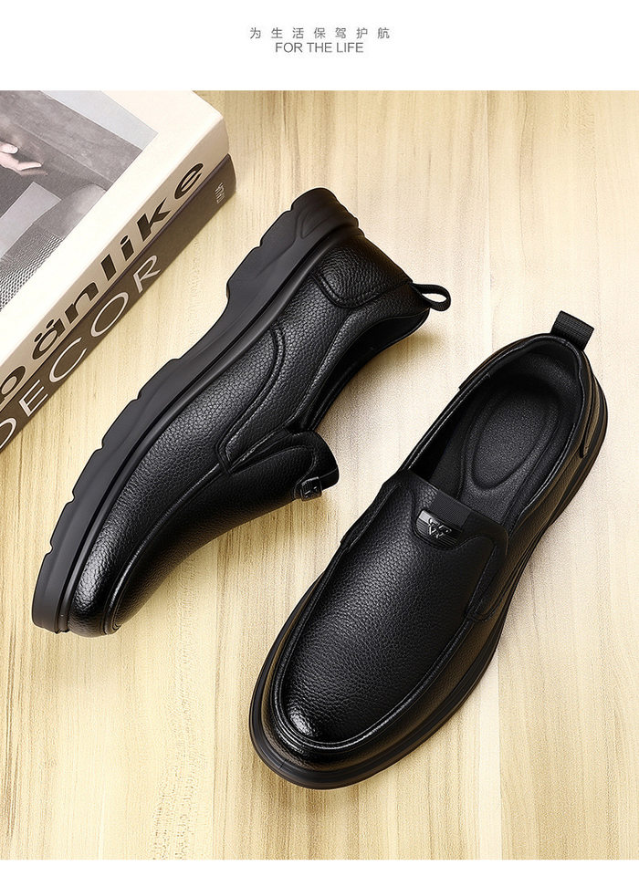 Giày lười nam da bò mũi tròn kiểu đậu đậu, đế thấp 1–3 cm, xỏ chân tiện lợi — đen chi tiết 18