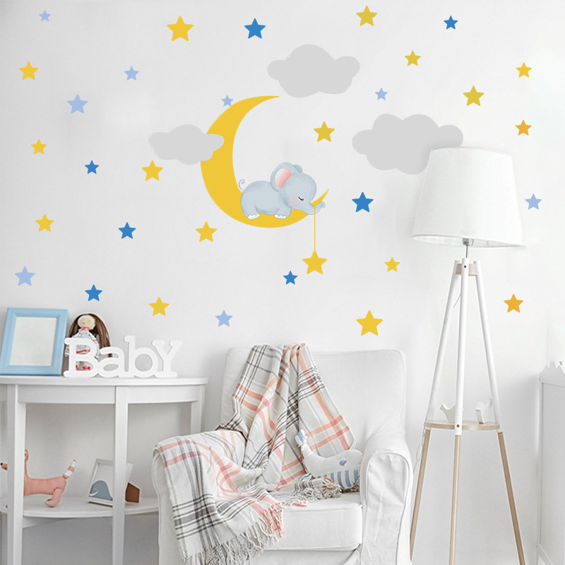 Dessin Animé Bébé Éléphant Lune Nuages Étoiles Stickers Muraux Chambre D&#39;enfant display picture 5