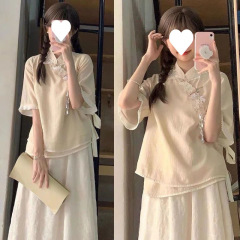 新中式国风上衣半身裙两件套装夏季改良汉服汉元素温柔系连衣裙子