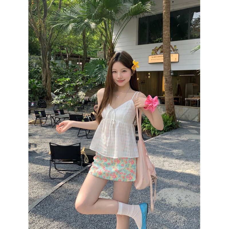 Sweet Style suit Lace-up White Camisole Vest Women's Summer Floral Hip Skirt Two-piece White Top
